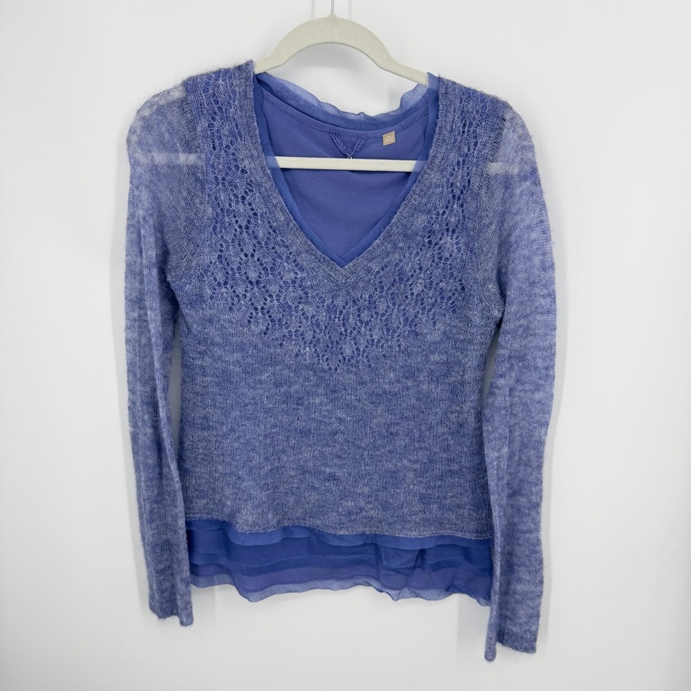 Knitted & Knotted alpaca wool layered V-neck sweater lavender blue top M